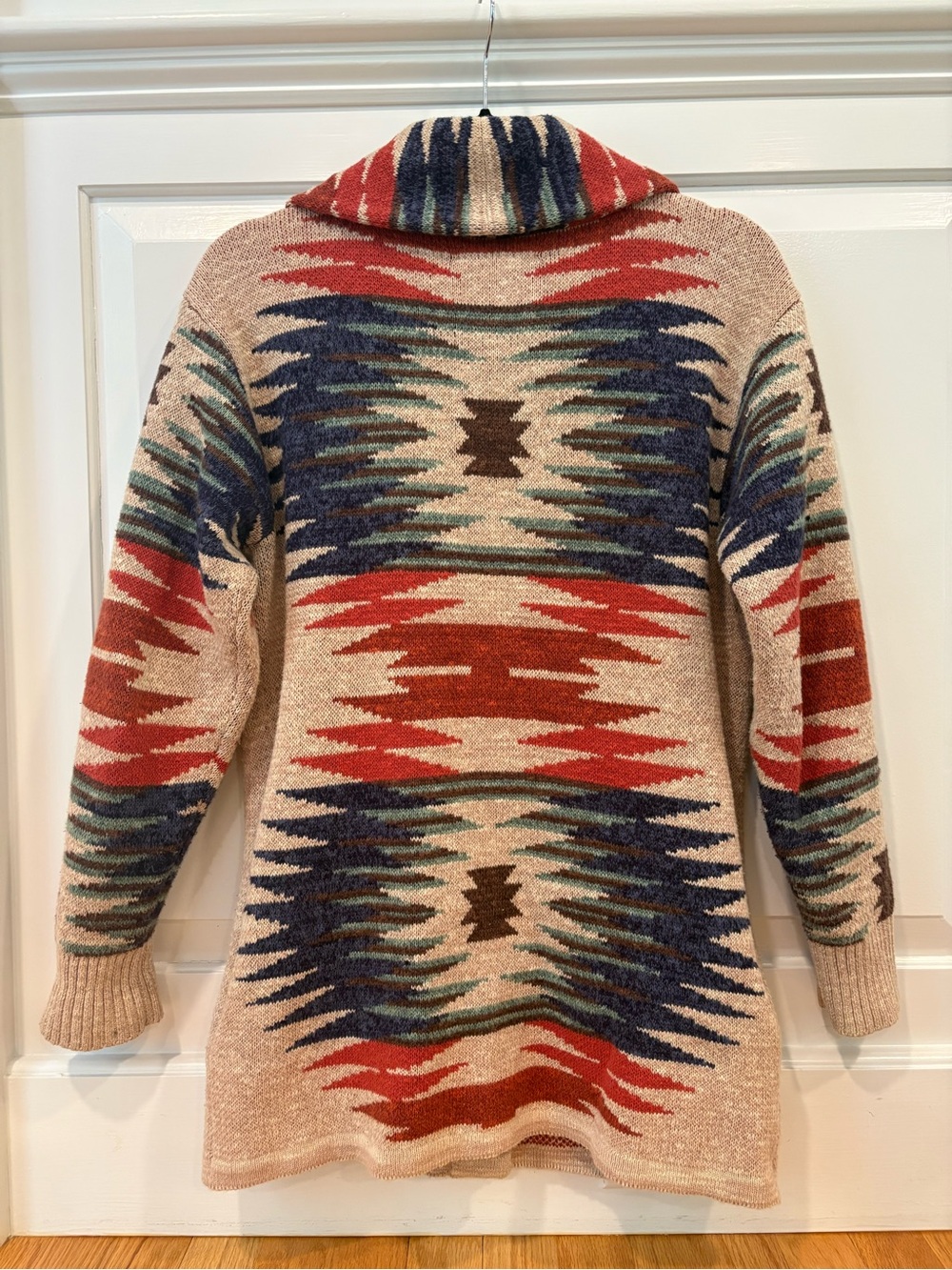 Beige Aztec-Pattern Shawl Collar Sweater Coatigan